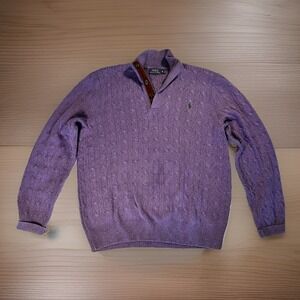 90s Ralph Lauren Silk Quarter Zip Sweater Mens XL Purple Cable Knit Suede Preppy